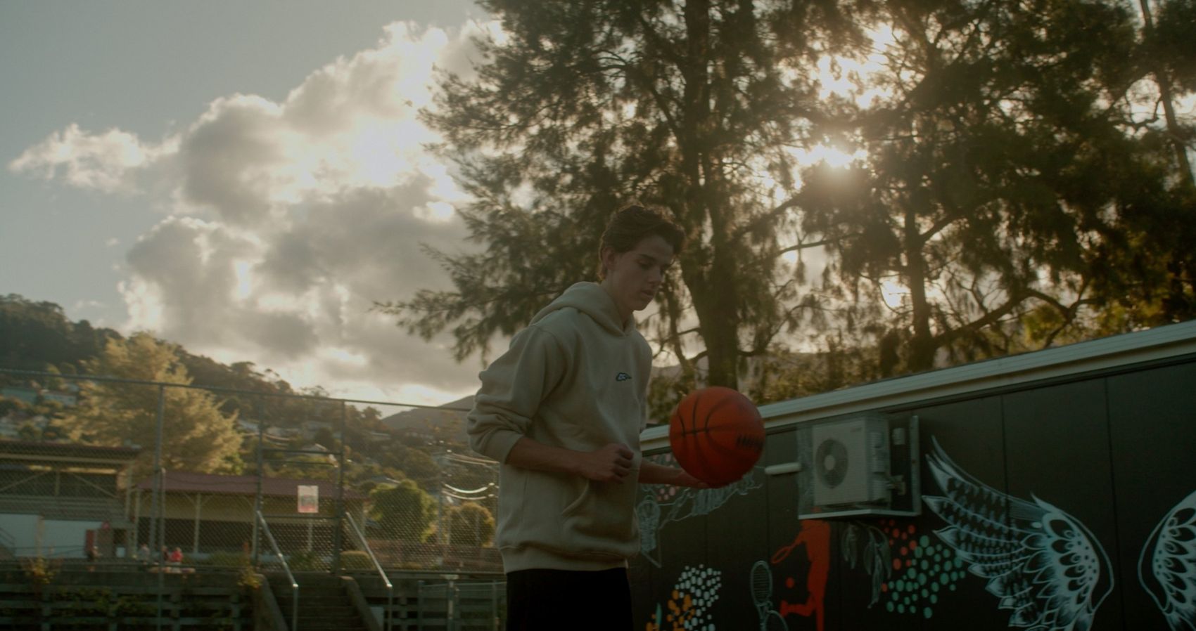 Dribbling at sunset in the Angora hoodie